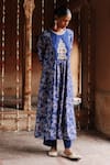 Shop_Megha Pitti_Blue Dupion Silk Print Bahar Bloom Zardozi Embroidered Yoke Kurta With Pant _Online_at_Aza_Fashions