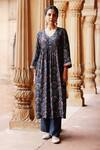 Buy_Megha Pitti_Blue Dupion Silk Yoke Lining Shantoon Print Midnight Aliya Cut Kurta With Pant _at_Aza_Fashions