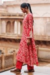 Megha Pitti_Red Dupion Silk Print Gardenia Dori V Neck Embroidered Sleeves Kurta With Pant _Online_at_Aza_Fashions