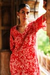 Shop_Megha Pitti_Red Dupion Silk Print Gardenia Dori V Neck Embroidered Sleeves Kurta With Pant _Online_at_Aza_Fashions