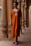 Buy_Megha Pitti_Orange Dupion Silk Embroidery Dori Blunt V Neck Bloom Kurta With Pant _at_Aza_Fashions