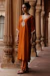 Megha Pitti_Orange Dupion Silk Embroidery Dori Blunt V Neck Bloom Kurta With Pant _Online_at_Aza_Fashions