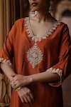 Buy_Megha Pitti_Orange Dupion Silk Embroidery Dori Blunt V Neck Bloom Kurta With Pant _Online_at_Aza_Fashions