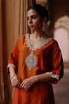 Shop_Megha Pitti_Orange Dupion Silk Embroidery Dori Blunt V Neck Bloom Kurta With Pant _Online_at_Aza_Fashions