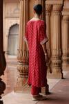 Shop_Megha Pitti_Red Dupion Silk Print Clover Flora Blunt V Neck Kurta With Pant _at_Aza_Fashions