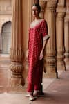 Buy_Megha Pitti_Red Dupion Silk Print Clover Flora Blunt V Neck Kurta With Pant _Online_at_Aza_Fashions