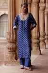 Buy_Megha Pitti_Blue Dupion Silk Embroidery Dori Blunt V Neck Phool Motif Print Kurta With Pant _at_Aza_Fashions