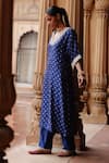 Megha Pitti_Blue Dupion Silk Embroidery Dori Blunt V Neck Phool Motif Print Kurta With Pant _Online_at_Aza_Fashions