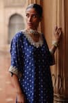 Shop_Megha Pitti_Blue Dupion Silk Embroidery Dori Blunt V Neck Phool Motif Print Kurta With Pant _Online_at_Aza_Fashions