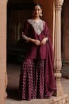 Buy_Megha Pitti_Wine Dupion Silk Yoke Lining Shantoon Embroidery Dori Fleur Kurta Sharara Set _at_Aza_Fashions