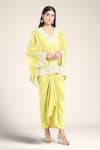 Buy_Anamika Khanna_Yellow Embroidered Floral Cutwork V Tunic And Draped Skirt Set _at_Aza_Fashions