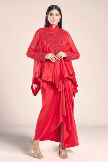 Buy_Anamika Khanna_Red Silk Embroidery Mandarin Collar, High 3d Floral Trapeze Tunic Skirt Set _at_Aza_Fashions