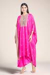 Buy_Anamika Khanna_Fuchsia Silk Embroidered Floral Round Kaftan And Draped Skirt Set _at_Aza_Fashions