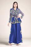 Buy_Anamika Khanna_Blue Embroidered Floral Collar Peplum Top And Palazzo Set _at_Aza_Fashions