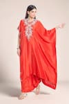 Buy_Anamika Khanna_Red Silk Embroidered Floral Round Kaftan And Draped Skirt Set _at_Aza_Fashions