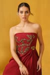 ABSTRACT BY MEGHA JAIN MADAAN_Red Raw Silk Embellished Pipe Straight Neck Floral Draped Dress _Online_at_Aza_Fashions