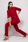 Buy_Veera Wear_Red Armani Solid Closed High Neck Asymmetric Panel Belted Top With Pant _at_Aza_Fashions