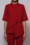 Buy_Veera Wear_Red Armani Solid Closed High Neck Asymmetric Panel Belted Top With Pant _Online_at_Aza_Fashions