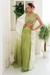 Buy_House of Anmol Jain_Green Satin Hand Embroidered Thread V-neck Indrani Draped Skirt With Blouse _at_Aza_Fashions