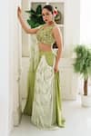 Shop_House of Anmol Jain_Green Satin Hand Embroidered Thread V-neck Indrani Draped Skirt With Blouse _Online_at_Aza_Fashions