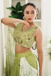 House of Anmol Jain_Green Satin Hand Embroidered Thread V-neck Indrani Draped Skirt With Blouse _at_Aza_Fashions