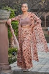 Buy_Bohame_Peach Georgette Hand Embroidered Floral Zuri Print Cape With Sharara Set _Online_at_Aza_Fashions