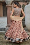 Shop_Bohame_Peach Georgette Hand Embroidered Floral Blunt-v Aisha Print Lehenga Set _at_Aza_Fashions