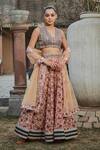 Bohame_Peach Georgette Hand Embroidered Floral Blunt-v Aisha Print Lehenga Set _Online_at_Aza_Fashions