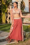 Buy_Bohame_Peach Georgette Hand Embroidered Floral Diya Print Cape With Draped Skirt Set _at_Aza_Fashions