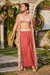 Buy_Bohame_Peach Georgette Hand Embroidered Floral Diya Print Cape With Draped Skirt Set _Online_at_Aza_Fashions