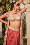 Shop_Bohame_Peach Georgette Hand Embroidered Floral Diya Print Cape With Draped Skirt Set _Online_at_Aza_Fashions