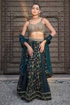 Bohame_Green Georgette Hand Embroidered Floral Geometric Sweetheart Print Lehenga Set _Online_at_Aza_Fashions