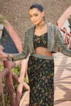 Bohame_Green Georgette Hand Embroidered Essence Flower Print Jacket Draped Skirt Set _Online_at_Aza_Fashions