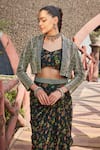 Buy_Bohame_Green Georgette Hand Embroidered Essence Flower Print Jacket Draped Skirt Set _Online_at_Aza_Fashions