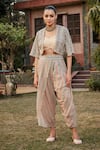 Bohame_Peach Georgette Hand Embroidered Ethnic Bustier Gayle Jacket Tulip Pant Set _Online_at_Aza_Fashions