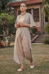 Buy_Bohame_Peach Georgette Hand Embroidered Ethnic Bustier Gayle Jacket Tulip Pant Set _Online_at_Aza_Fashions