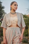 Shop_Bohame_Peach Georgette Hand Embroidered Ethnic Bustier Gayle Jacket Tulip Pant Set _Online_at_Aza_Fashions