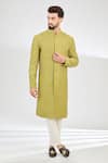 Buy_Kasbah_Green Silk Embroidery Sequin Weave Pattern Thread Sherwani _at_Aza_Fashions