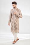 Buy_Kasbah_Beige Georgette Embroidery Sequin Paisley Bloom Chikankari Kurta _at_Aza_Fashions