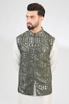 Buy_Kasbah_Green Silk Embroidered Mirror Abstract Work Nehru Jacket _at_Aza_Fashions