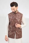 Buy_Kasbah_Brown Silk Embroidered Mirror Nehru Jacket _at_Aza_Fashions