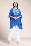 Buy_NAMRATA JOSHIPURA_Blue Textured Georgette Embroidered Pearl Stone Hibiscus Floral Gathered Top _at_Aza_Fashions