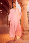 Buy_Aariyana Couture_Pink Kaftan Cotton Silk Hand Embroidery Beads Notched Neck  _at_Aza_Fashions