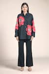 Buy_Rahul Mishra_Black Poplin Embroidered Hibiscus Floral Shirt Collar Applique _at_Aza_Fashions