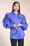 Buy_Rahul Mishra_Blue Cotton Embroidered Hibiscus Floral Shirt Collar  _at_Aza_Fashions