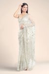 Buy_Seema Gujral_White Embroidered Zari Plunged Paisley Mirror Saree With Blouse _at_Aza_Fashions