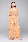 Buy_Arpita Mehta_Yellow Crepe Silk Printed Sand And Toasted Blouse Mango & Floral Cape Pant Set _at_Aza_Fashions