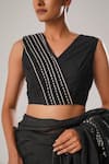 Buy_ATBW_Black Cotton Kantha Stitch V Neck Pleated Panelled Saree Blouse _at_Aza_Fashions