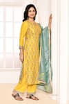 Buy_Abbaran_Yellow Kurta Cotton Silk Block Print Floral Notched Round Hand Set _Online_at_Aza_Fashions