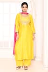 Buy_Abbaran_Yellow Kurta Cotton Silk Hand Embroidered Gota Patti U Neck Set _at_Aza_Fashions